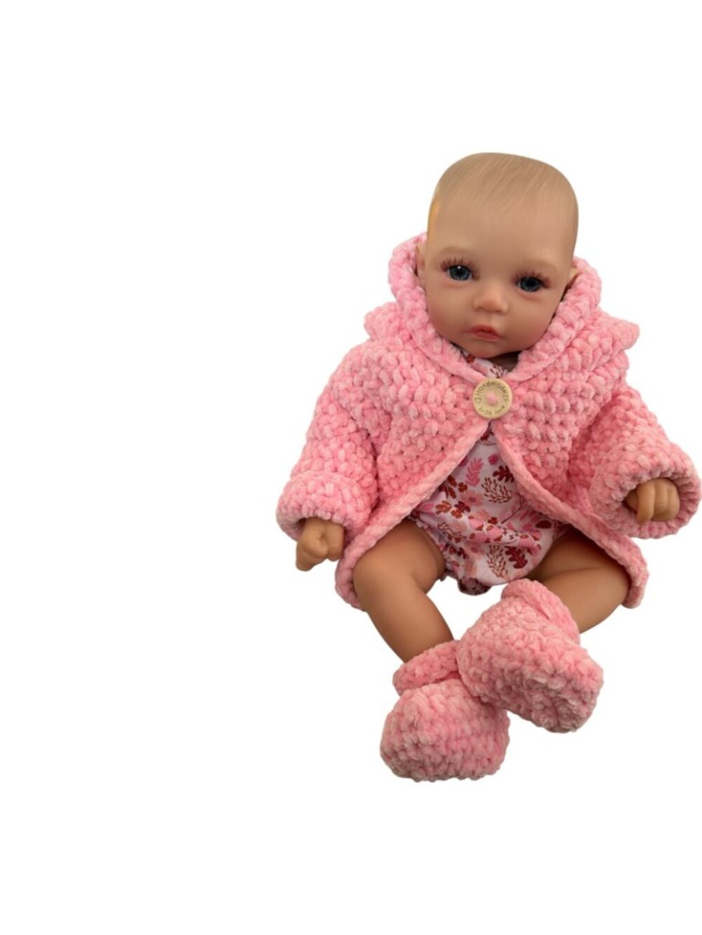 Handmade Pink Chenille Newborn Baby Hoodie & Booties Set Bear Ears Soft Plush - Picture 10 of 16